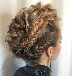 triple braided mohawk #AvedaIBW #skhair Elegant Faux Hawk Updo, Funky Updos For Medium Length Hair, Viking Updo, Edgy Wedding Hair, Grad Hair, Braided Mohawk Hairstyles, Dance Hair, Gymnastics Hair, Wedding Hairstyles For Medium Hair