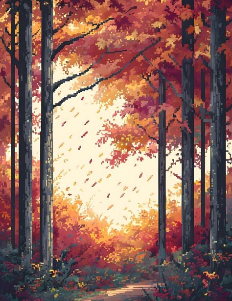 Cette oeuvre d'art numérique distinctive présente une scène de forêt d'automne sereine, rendue dans un style pixel art sophistiqué. La composition capture l'atmosphère magique d'un chemin forestier illuminé par la lumière dorée du soleil filtrant à travers le feuillage d'automne vibrant. La pièce présente une palette de couleurs harmonieuses de bordeaux profonds, d'oranges chauds et de jaunes dorés, contrastant magnifiquement avec la silhouette des troncs d'arbres, créant une impression de profondeur et d'atmosphère. Fichiers numériques inclus : Spécifications techniques : Résolution : 2 550 x 3 300 pixels (8,5 x 11 po. à 300 ppp) Qualité d'impression : norme professionnelle 300 ppp Format de fichier : JPG Profil colorimétrique : sRVB Taille d'impression optimale : 8,5 x 11 pouces (lettre) Pixel Art Background Phone, Pixelated Phone Wallpaper, Wallpaper Backgrounds Pixel, Autumn Pixel Art Wallpaper, Pixel Background Aesthetic Landscape, 8 Bit Phone Wallpaper, Pixel Phone Background, 8 Bit Aesthetic Wallpaper, Pixelated Wallpaper Aesthetic