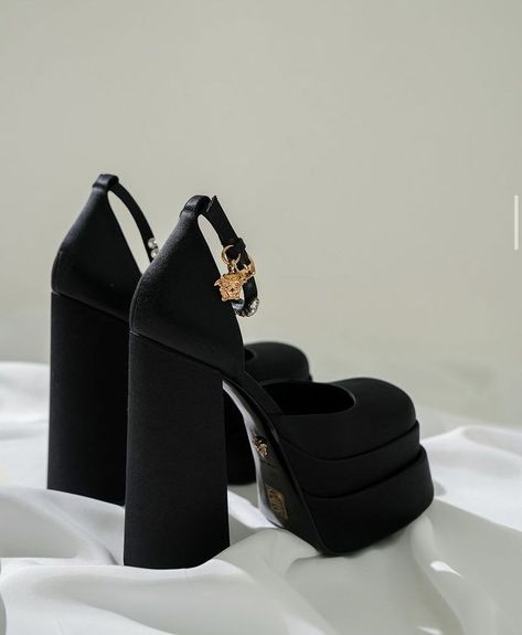 White Versace Platform Heels, Versace Shoes Aesthetic, Versace Black Platform Heels, Dior Platform Heels, Versace Block Heels, Designer Platform Heels, Vercase Heel, Versace Heels Aesthetic, Versace Platform Heels Outfit