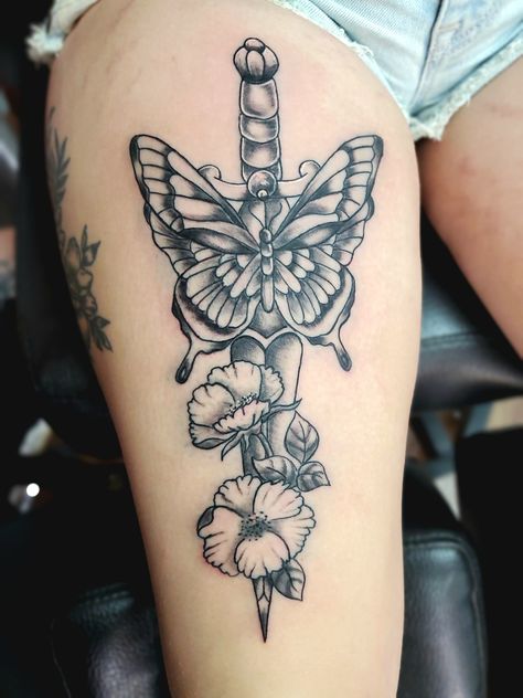 Flower And Butterfly Tattoo Thigh Piece, Thigh Dagger Tattoo, Dager Tattoos For Women, Dagger Butterfly Tattoo, Neotraditional Flowers, Butterfly Knife Tattoo, Butterfly Dagger Tattoo, Butterfly Tattoo Thigh, December Tattoo