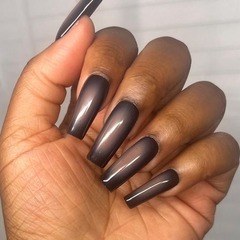 Each set comes with instructions on how to apply, remove, and reuse nails and a nail prep kit! Long Square Acrylic Nails Fall, Classy Fall Nails Acrylic, Long Brown Nails, Brown Aura Nails, Ombre Nails For Fall, Black Aura Nails, Dark Fall Nail Colors, Nails Aura, Luv Nails