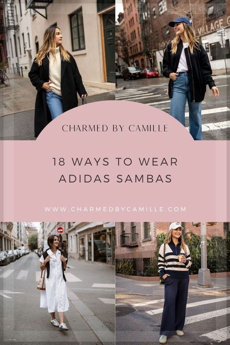 Get ready to change up your wardrobe with 18 chic and unique outfits that incorporate  Adidas Samba sneakers! From casual everyday looks to dressy night out ensembles, Charmed By Camille is sharing all the outfit inspiration you need for this fall. Follow for more Women's Autumn outfits, minimalist fashion, and style guides. Adidas Samba Winter Outfit Women, Tan Sambas Adidas Women Outfit, Adidas Gazelle Outfits, Adidas Sneakers Outfit Women, Adidas Gazelle Indoor Outfit, Women's Autumn Outfits, Adidas Sneakers Outfit, Adidas Samba Outfit Women, Sambas Adidas Women Outfit