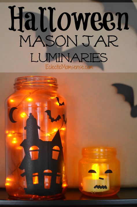 These spooky Halloween mason jar luminaries were created with the help of items supplied by Oriental Trading Company.  I love the convenience of ordering my craft, party, and decor items online! The start of the holiday season is officially in full swing.  In just a couple of weeks spooky ghosts, pretty princess, and superheroes will hit the streets trick or treating door to door.  We like to bring a little ghoul to our home throughout October too.  To get ready for All Hollows Eve I crafted ... Simple Art Craft, Mason Jar Halloween Crafts, Mason Jar Luminaries, Halloween Jars, Halloween Mason Jars, Mason Jar Lanterns, Hallowen Ideas, Cottage Market, Fun Personality