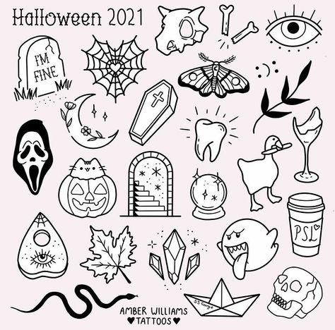 Tattoos Practice, Spooky Tattoo Flash, Leg Doodles, Flashes Tattoo, Halloween Tattoo Flash, Tato Flash, Friday The 13th Tattoo, Halloween Flash, Halloween Doodles