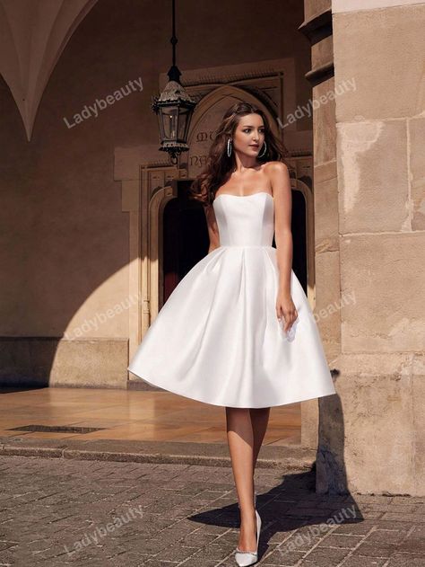 Women Strapless Umbrella Hem Cocktail Bridal Shower DressI discovered amazing products on SHEIN.com, come check them out! Wedding Outfit Change, Outfits Blancos, Short Bride Dresses, White Dresses Wedding, Aline Dresses, Olive Sage Green, Solid Color Dresses, New York Elopement, Dress Elegant Short