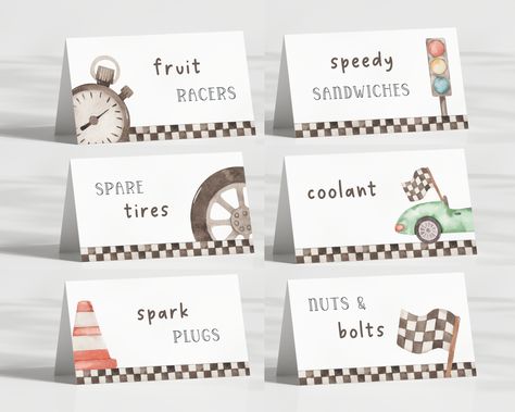 Vintage Race Car Party Printables, Race Car Cupcakes, Two Fast Two Furious, Vintage Race Car Party, Vintage Car Party, Auto Party, Racing Baby, Car Food, Party Food Labels