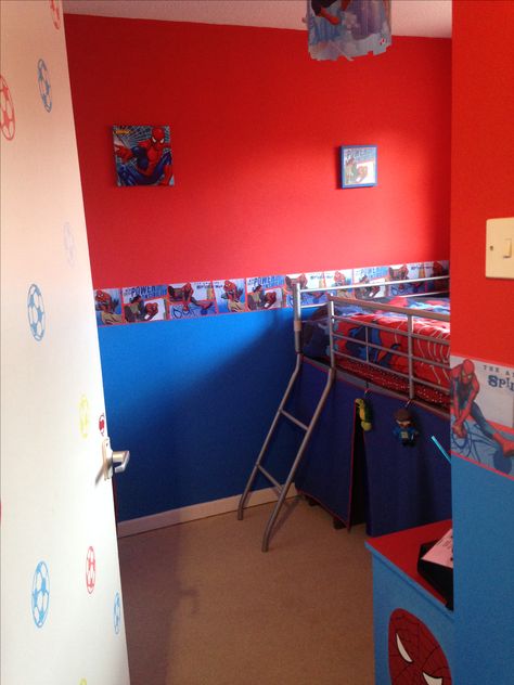 Marvel Room Paint Ideas, Red Bedroom Ideas For Boys, Spiderman Bedroom Ideas Kid Rooms, Spider Man Room Ideas, Spider Man Room Ideas Kids, Red And Blue Boys Bedroom, Spider Man Bedroom Ideas, Spiderman Room Ideas, Spiderman Themed Bedroom