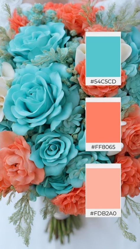 Blue And Coral Palette, Turquoise And Coral Wedding, Turquoise Coral Weddings, Spring Wedding Color Ideas, Aqua Color Schemes, Unique Fall Wedding, Winter Wedding Color Ideas, Fall Wedding Color Ideas, Coral Wedding Colors