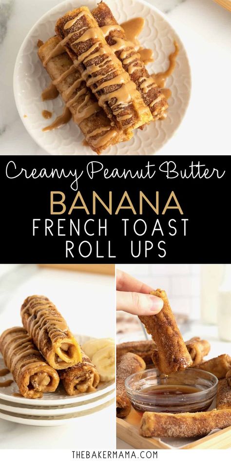 These Creamy Peanut Butter Banana French Toast Roll Ups are a breakfast treat fit for a king! I might have outdone myself with these Peanut Butter Banana French Toast Roll Ups. The filling is made of creamy peanut butter and sweet banana. The outside is dusted with cinnamon sugar and drizzled with melted peanut butter. You have to taste it to believe it! Melted Peanut Butter, Banana And Cinnamon, Toast Roll Ups, Easy Cinnamon Rolls Recipe, Easy Breakfast Smoothies, Banana Roll, French Toast Roll Ups, French Toast Rolls, Banana French Toast