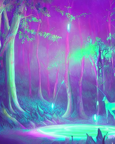 Neon Fantasy Aesthetic, Neon Fairy Aesthetic, Radiant Citadel, Neon Fairy, Anime Jungle, Neon Forest, Glowing Forest, Unicorn Forest, Mythical Forest