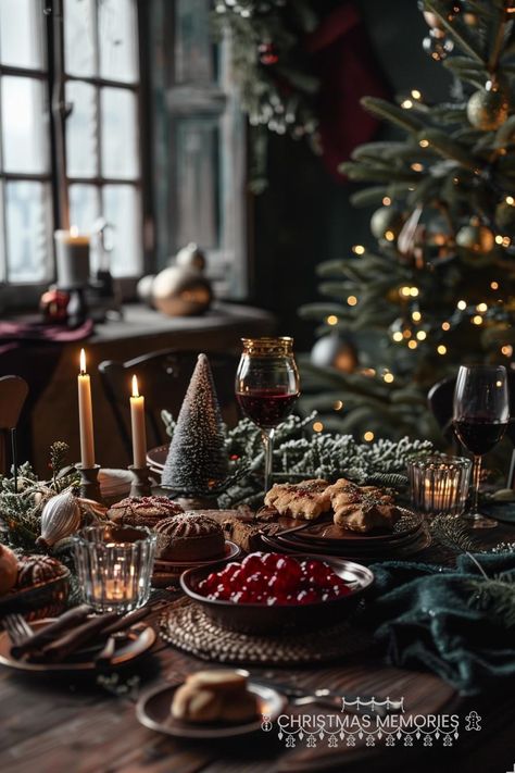 Moody Christmas Table Setting, Old Victorian Christmas, Dark Christmas Table Setting, 19th Century Christmas, Christmas Dinner Table Aesthetic, 1800s Christmas Aesthetic, Cozy Christmas Party Ideas, Antique Christmas Decor Ideas, Christmas Feast Aesthetic