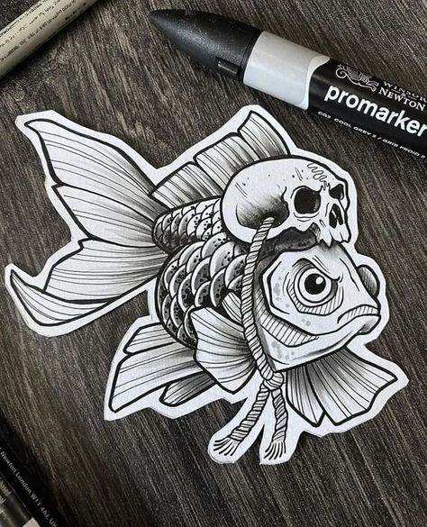 Fish Skull Tattoo, Skull Tattoo Sketch, Fish Skull, Petit Tattoo, Scary Tattoos, Old School Tattoo Designs, Tattoo Apprentice, Tattoo Style Drawings, Tattoo Portfolio