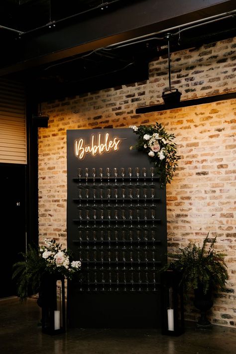 Champagne Wall Neon Sign, Champagne Color Wall, Build A Champagne Wall, Champagne Arch Wall, Wedding Drink Wall Ideas, Champagne Wedding Display, Champagne Holder Wall, Pallet Champagne Wall, Acrylic Champagne Wall