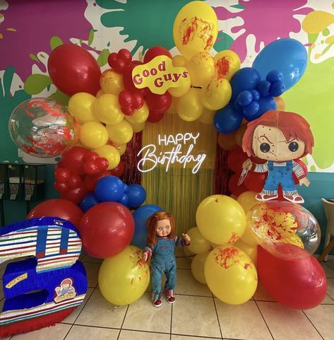 Chucky Theme Party, Good Guy Chucky Birthday Party Ideas, Chucky Decorations Party, Chuckie Birthday Party, Chucky Party Decorations, Chucky Decorations, Chucky Party Ideas, Chucky Themed Birthday Party, Chucky Birthday Party Ideas