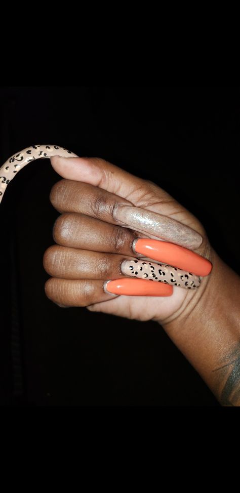 Aloha orange, beige leopard print, glow in the dark glitter 3 inch nails Aloha Nails, Glow In The Dark Glitter, Long Nails, In The Dark, Glow In The Dark, Leopard Print, Glitter, Orange, Nails