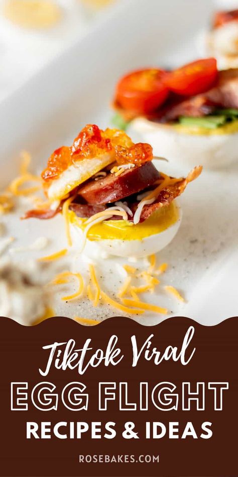 Have you seen the Tiktok Viral Egg Flights Trend? Egg Flights are a fantastic twist on deviled eggs (and so much more!). They are hard-boiled eggs, sliced in half, topped with mayo and mustard, then loaded with other delicious toppings, turned into a unique, high-protein meal or snack. What To Do With Boiled Eggs, Boiled Egg Toppings, Hard Boiled Eggs Toppings, Hard Boiled Egg Flights, Garlic Butta Eggs Recipe, Deviled Egg Flight Ideas, Deviled Egg Flight, Egg Flight Ideas, Egg Flight