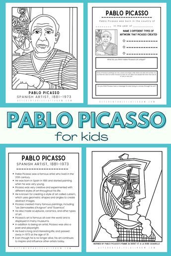 The Picasso for kids printable resources that I have created are a fun and educational way for children to learn about the life and artwork of the famous artist, Pablo Picasso. Picasso Projects Middle School, Picasso For Kindergarten, Picasso Self Portrait Art Lesson, Pablo Picasso Art Projects For Kids, Picasso Preschool Activities, Picasso Bulletin Board, Picasso Projects For Kids, Picasso Inspired Art For Kids, Picasso Crafts For Kids