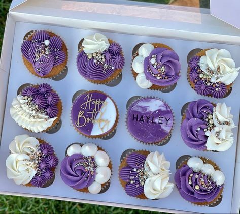 Shades Of Purple Cupcakes, Purple And Pink Cupcakes Birthday, Blue Purple And White Cupcakes, Purple And White Cupcakes Ideas, Classy Cupcakes Birthday, Dark Purple Cupcakes, Lavender Cupcakes Decoration, Purple And Silver Cupcakes, Purple And Black Cupcakes