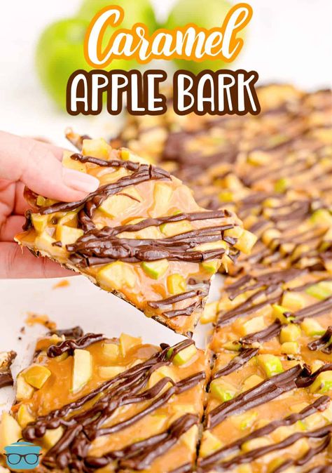 Fun, easy and flavorful, this Caramel Apple Bark is a favorite autumn snack with minimal ingredients that is fruity, sweet and salty! Carmel Apple Chocolate Bark, Salted Caramel Apple Bark, Carmel Apple Bark Recipe, Caramel Apple Bark With Pretzels, Apple Snack Ideas, No Bake Thanksgiving, Caramel Apple Bark, Caramel Apple Treats, Apple Bark