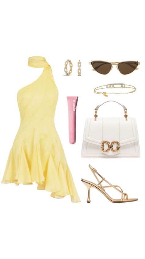 #dress #summer #yellow #aesthetic #primavera Blair Waldorf Aesthetic Summer, Yellow Dress Accessories Jewellery, Wag Outfits Style, Summer Outfit Collage, Yellow Aesthetic Outfit, Colorful Outfit Ideas, Teen Swag Outfits, Clueless Outfits, Summer Yellow