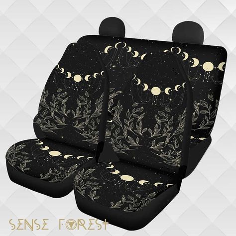 Botanical witchy Moon phase Celestial Car Seat Cover, Wicca Pagan floral Front back seat cover, Car headrest interior decor, car accessories Made with top-tier, stretchy polyester fabric for long-lasting durability. These seat covers come with an elastic fastening system that delivers a secure, snug fit that is tool-free and easy to install. Both covers feature identical designs. Gold print is a gradient sublimation print, not real foil. ⭐️front back seat covers .: High-quality stretchy polyeste Halloween Car Decor, Witchy Car Decor, Cute Car Interior Ideas, Car Headrest, Back Seat Covers, Car Seat Cover, Gold Print, Cute Cars, Back Seat