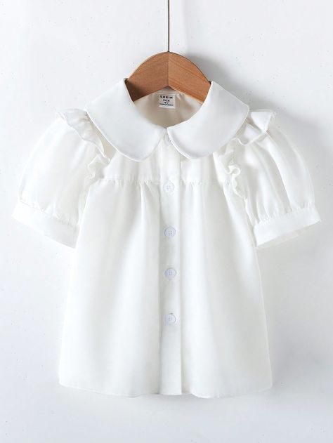 Young Girl Solid Color Ruffle Collar Puff Sleeve Short Sleeve Shirt, Casual Daily Wear White Cute  Short Sleeve Woven Fabric Plain Shirt Slight Stretch  Young Girls Clothing, size features are:Bust: ,Length: ,Sleeve Length: Puff Sleeve Shirt, Plain Shirt, Girls Blouse, Elegant Dresses Long, Ruffle Collar, Plain Shirts, Cute Shorts, Kids Sleepwear, Long Sleeve Casual