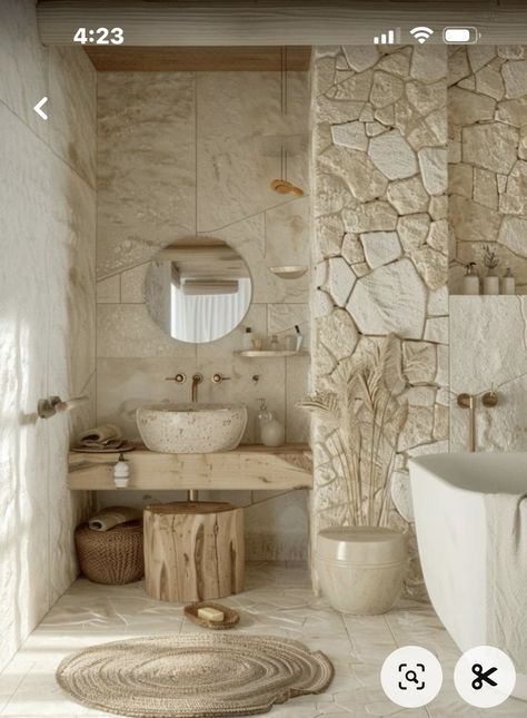 Travertine Floors Bathroom, Mediterranean Bathrooms, Stone Floor Bathroom, How To Start Painting, Rock Shower, Bathroom Wallpaper Ideas, Natural Stone Bathroom, Bathroom Redecorating, Cozy Holiday Decor