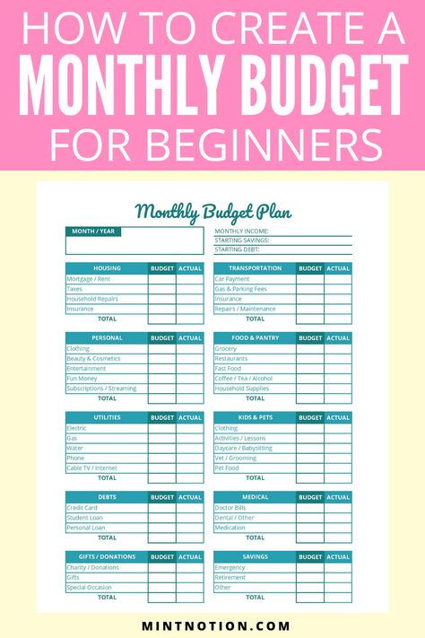 How to create a budget for beginners. Follow these 6 easy steps to help you build a successful monthly budget. No matter what your income level, you need a budget. This can help you save more money, pay off debt faster, and reach your goals. Includes a free printable debt payoff goal worksheet. Monthly budget template. Monthly Expenses List Budget Templates, How To Do A Monthly Budget, Paid Monthly Budget, Budgets For Beginners Printables, Creating A Budget Free Printables, Household Budget Template Free Printable, How To Plan A Budget, Easy Monthly Budget, Create A Budget For Beginners