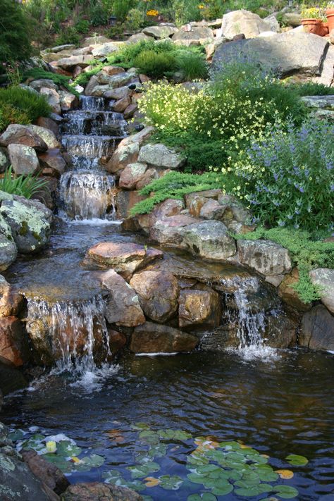 Waterfall On Hillside, Creek With Waterfall, Waterfall Plants Landscaping, Garden Water Falls, Stream Waterfall, Backyard Stream, Waterfall Landscaping, Waterfall Garden, Waterfall Ideas