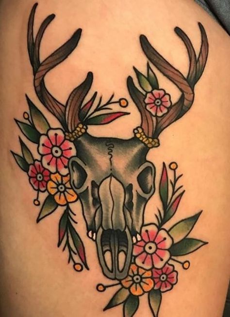 30+ Deer Skull Tattoo Designs, Ideas, and Meanings | PetPress Animal Skull Traditional Tattoo, Traditional Deer Antler Tattoo, American Traditional Animal Skull Tattoo, Stag Traditional Tattoo, Neo Traditional Deer Skull Tattoo, Skull Antler Tattoo, Deer Skull Tattoo Traditional, Traditional Deer Head Tattoo, American Traditional Hunting Tattoo