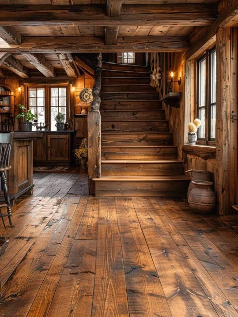 Cabin Hallway, Cabins In The Woods Interior, Log Staircase, Rustic Cabin Interior, Log Cabin Lighting, Rustic Staircase, Barn House Interior, Cabin Fireplace, Log Cabin Interior