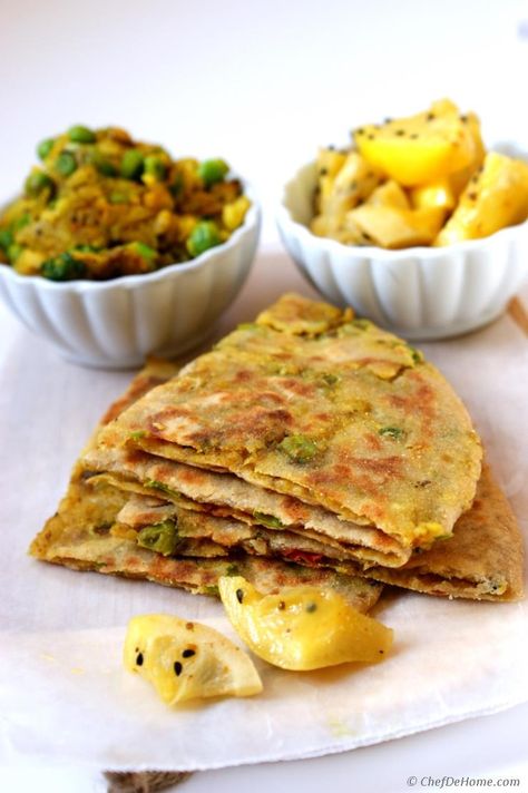 Spiced Potatoes and Peas Stuffed Flat Bread with Preserved Lemons Recipe | ChefDeHome.com Lunch Recipes Indian, Indian Flat Bread, Preserved Lemons, Indian Bread, Flatbread Recipes, Indian Spices, Indian Food Recipes Vegetarian, Indian Dishes, Lemon Recipes