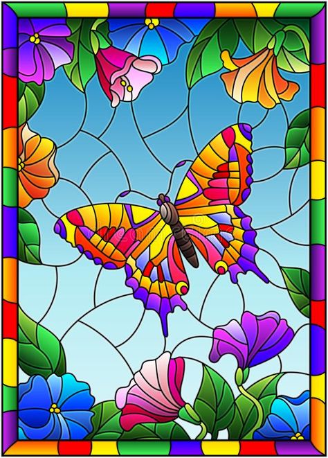 Stained glass illustration with a bright butterfly on a background of flowers and sky in a bright frame. Illustration in stained glass style with a bright vector illustration Bright Butterfly, Glass Painting Patterns, Stained Glass Quilt, Motif Art Deco, Glass Painting Designs, Stained Glass Paint, Stained Glass Butterfly, زجاج ملون, Stained Glass Flowers