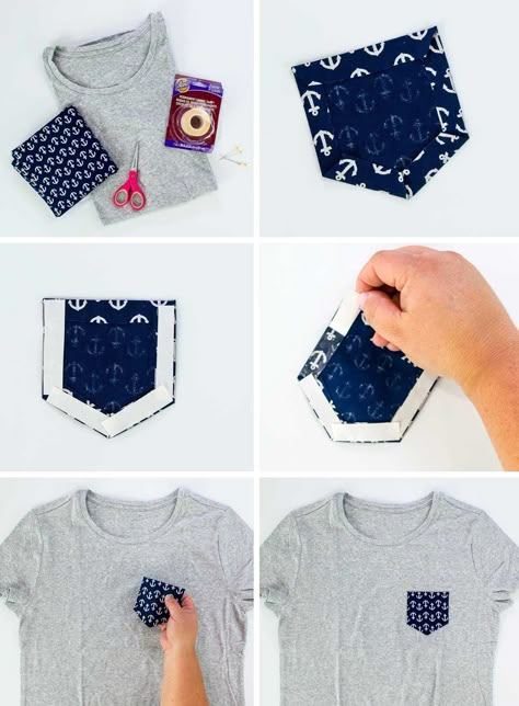 Add Pocket To Tshirt, How To Sew A Pocket On A Shirt, Tshirt Pocket Design, Old Tshirt, Umgestaltete Shirts, Kitchen Ideas Decoration, Clothing Upcycle, Shirt Hacks, Small Kitchen Ideas