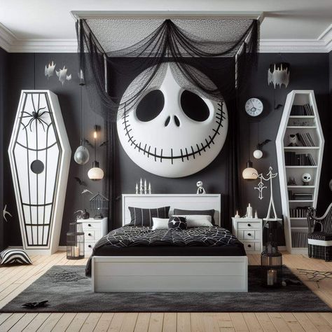 Jack Skellington Furniture, Jack Skellington Room Ideas, Nightmare Before Christmas Room Ideas Bedrooms, Nightmare Before Christmas Themed Room, Jack Skellington Decor, Nightmare Before Christmas Bedroom Ideas, Nightmare Before Christmas Furniture, Jack Skellington Bedroom, Tim Burton Themed Room