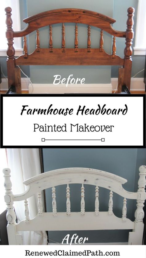 Farmhouse headboard before and after Refurbished Bed Frame, Refinished Headboard, Headboard Farmhouse, Painted Bed Frames, Headboard Makeover, Farmhouse Headboard, Bed Makeover, Painted Beds, Using Chalk Paint