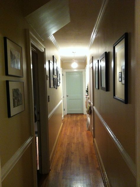 Paint door at the end of the hallway to brighten up the space Long Hallway With Door At End, Door At The End Of Hallway, Painted Closet Doors, Ikea Window Seat, Paint A Door, End Of Hallway, Victorian Stairs, Ikea Picture Ledge, Hallway Ideas Diy