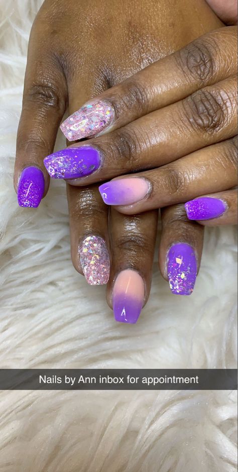 Purple Oval Nails, Pretty Manicures, 2023 Nails, Nails Purple, Purple Mermaid, Glitter Design, Oval Nails, Purple Ombre, Manicure And Pedicure