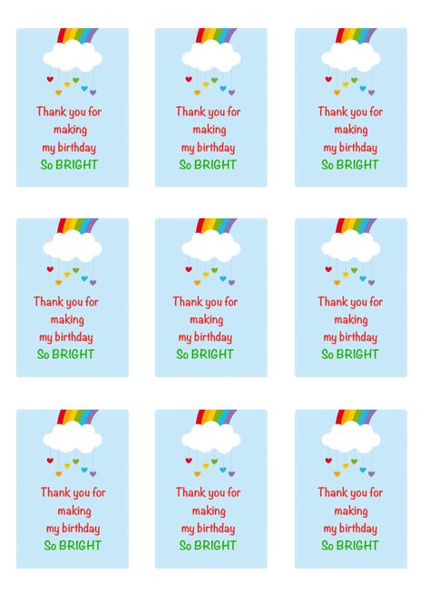 Printable Rainbow theme thank you tags for birthday Rainbow Thank You Tags Free Printable, Thank You For Celebrating My Birthday Tags, Thank You For Celebrating My Birthday Free Printable, Birthday Favor Tags Free Printable, Thank You Tags Birthday, Thank You For Coming Tags Printable Free, Rainbow Birthday Favors, Birthday Party Return Gifts, Aurora Cake