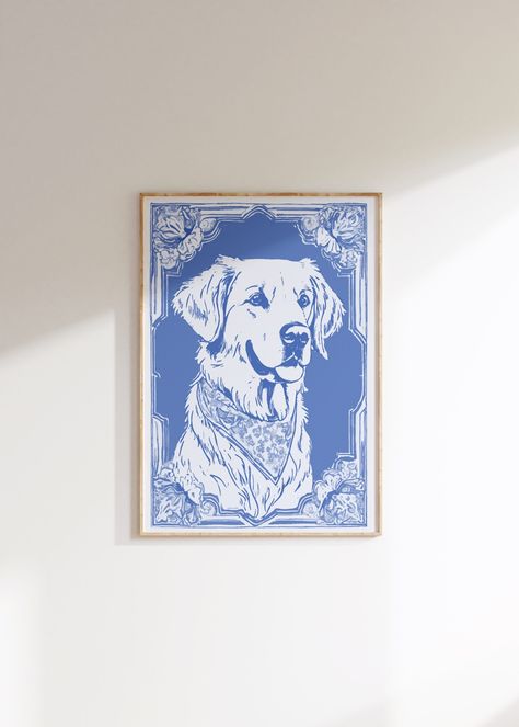 Blue Willow Golden Retriever Print Dog Drawing Dog Portrait Coastal Granddaughter Room Decor Light Delft Blue Wall Art Watercolor Painting Bedroom Decor Prints, Light Blue Prints, Coastal Granddaughter Decor, Coastal Granddaughter Room, Golden Retriever Decor, Monochromatic Blue, Granddaughter Aesthetic, Blue And White Art, Apartment Dorm