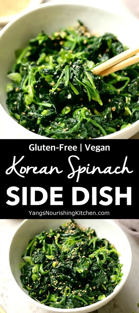 Korean Spinach Side Dish Sesame Spinach Japanese, Spinach Side Dish Healthy, Asian Spinach Recipes, Korean Ban Chan Side Dish Recipes, Vegetarian Spinach Recipes, Korean Broccoli Side Dish, Dark Leafy Greens Recipes, Frozen Spinach Recipes Sides, Bean Sprouts Korean Side Dish