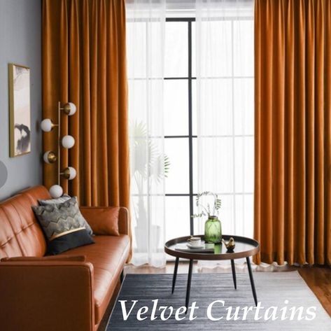 Amber Curtains Living Room, Orange Curtains Living Room Ideas, Burnt Orange Curtains Living Rooms, Fall Curtains Living Rooms, Orange Curtains Living Room, Orange Curtains Bedroom, Velvet Curtains Bedroom, Rust Curtains, Burnt Orange Curtains