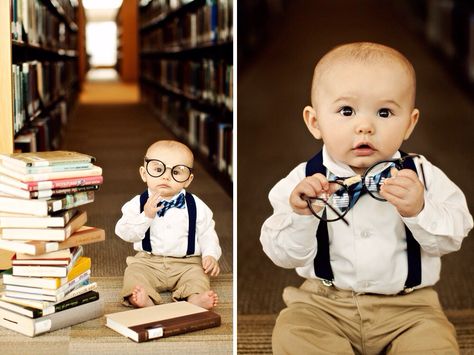 Jam Photography, Six Month Baby, Nerd Baby, Portraits Studio, Themed Photoshoot, Monthly Pictures, Monthly Baby Pictures, Stacked Books, Monthly Baby Photos