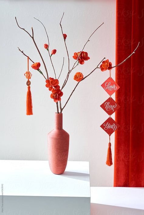 "Vietnamese Tet Decorations With Red Printed Word Lunar New Year" by Stocksy Contributor "Marc Tran" - Stocksy Vietnamese New Year Decorations, Lunar New Year Aesthetic, Lunar New Year Craft, Vietnamese Decor, Branches In Vase, Tet Vietnam, Tet Decor, Lunar New Year Decoration, Chinese New Year Decor