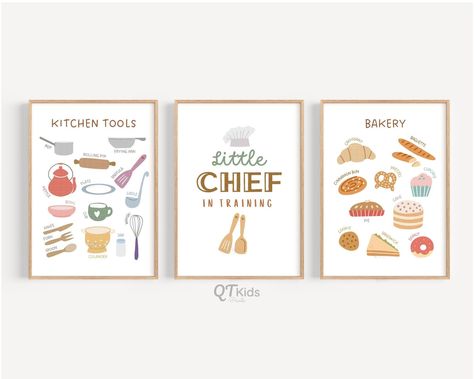 Play Kitchen Wall Decor, Food Theme Nursery, Play Kitchen Sign, Kids Playroom Wall Art, Kitchen Playroom, Playroom Posters, Toddler Kitchen, Girls Playroom, Kitchen Artwork