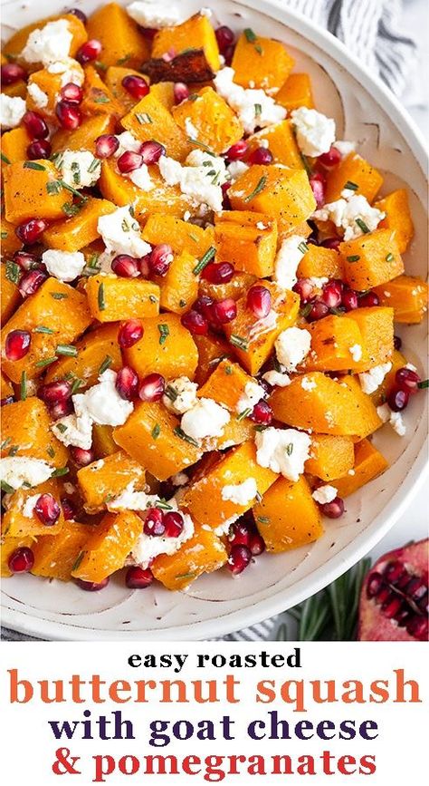 Roasted butternut squash combined with goat cheese, pomegranates, and rosemary makes an absolutely delicious, simple, and flavorful dish. It makes a healthy Thanksgiving and holiday side dish or is perfect for weeknight meals for fall and winter. Gluten-free and vegetarian. Last updated on November 12, 2020. This recip Butternut Roasted, Butternut Squash With Goat Cheese, Meals For Fall, Butternut Squash And Goat Cheese, Squash And Goat Cheese, Thanksgiving Side Dishes Healthy, Thanksgiving Food Sides, Holiday Side Dish, Thanksgiving 2020