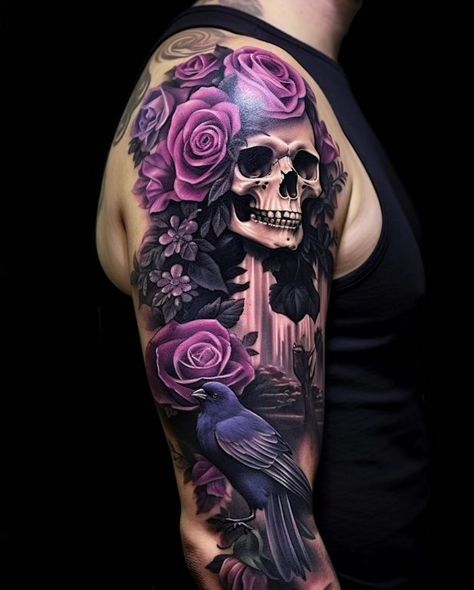 Colorful Sleeve Tattoos For Women, Rose Snake Tattoo, Flower Tattoos Sleeve, Flying Phoenix Tattoo, Girly Skull Tattoos, Halloween Sleeve, Colored Tattoos, Purple Rose Tattoos, Feminine Skull Tattoos