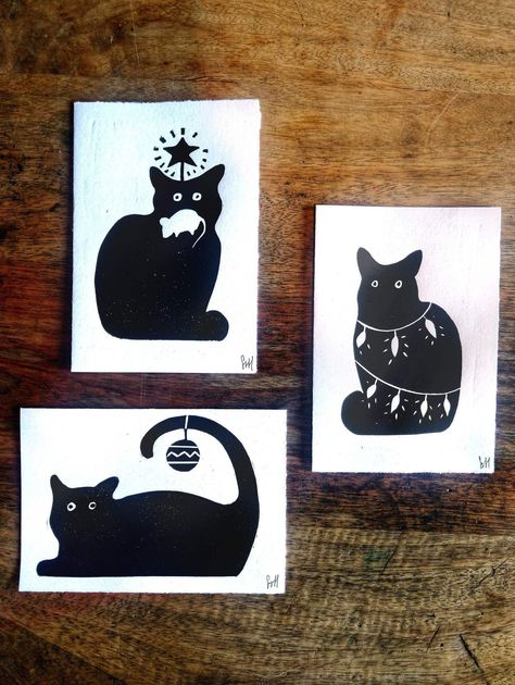 Christmas Cat Cards Black and White Xmas Card Animal Cats Holiday - Etsy Lino Xmas Cards, Christmas Cat Cards Handmade, Linocut Xmas Cards, Christmas Print Art, Lino Print Xmas Cards, Christmas Block Printing, Christmas Cards Lino Print, Hand Made Christmas Card, Christmas Card Print