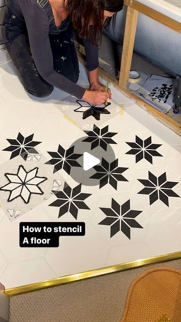 Hannah Clark - DIY | Hacks | Interior Styling on Instagram: "ad The full details of how I transformed our bathroom tiles with @makeitrustoleum Floor Tile Paint and their stencil! ⬇️  🖤 We renovated our bathroom fully ourselves 6 years ago and I always regretted not choosing patterned floor tiles. These grey tiles had also discoloured over time. I didn’t want the cost and expense of re-tiling the floor, so I decided to paint them 🙌  🖤 I vacuumed the floor to remove any dirt or dust and then cleaned the whole area with sugar soap from @makeitrustoleum Ready To Roll paint kit.  🖤 Once it had dried I sealed the edges using masking tape. That’s the only prep I needed to do, I didn’t need to prime the tiles before using @makeitrustoleum Floor Tile Paint 🙌  🖤 I painted the entire floor usin Tile Painting Ideas, Floor Tile Paint, Tile Stencils Diy, Shower Tile Patterns, Herringbone Stencil, Painted Shower Tile, Patterned Vinyl Flooring, Painted Wooden Floors, Diy Painted Floors