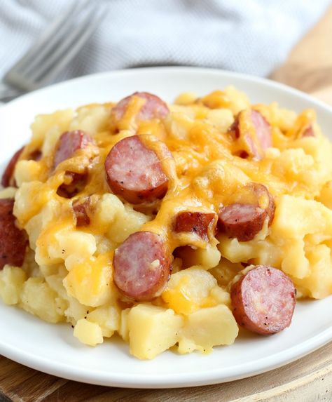 Slow Cooker Cheesy Kielbasa Hashbrown, Cheesy Kielbasa Hashbrown Casserole, Kielbasa Hashbrown Casserole, Kielbasa Hashbrown, Sausage And Potato Casserole, Sausage Crockpot Recipes, Cheesy Kielbasa, Slow Cooker Sausage, Sausage Crockpot